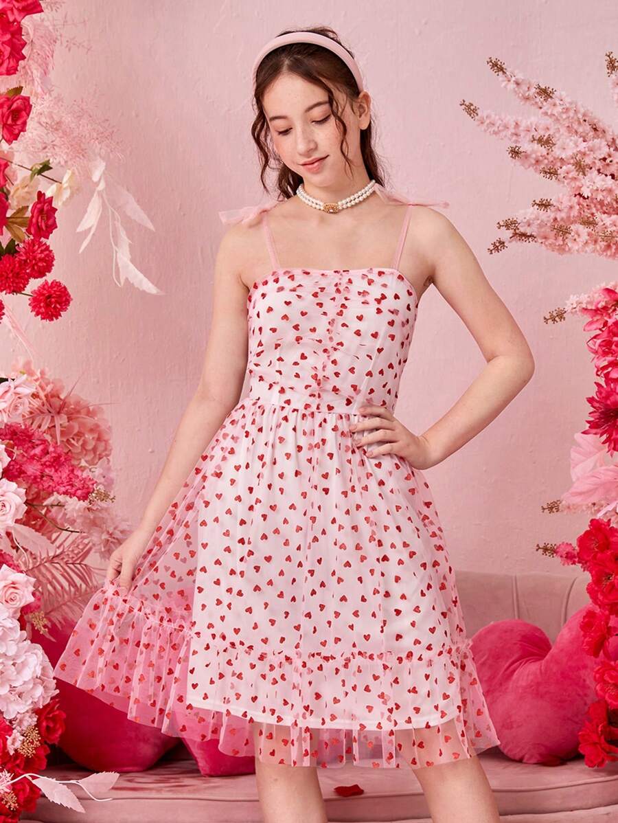 少女撞色网眼爱心印花吊带连衣裙 - 白色 - 查看 1