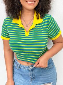 CovetEZ 大尺寸 V 領條紋短版 T 卹 - 彩色 - 查看 5