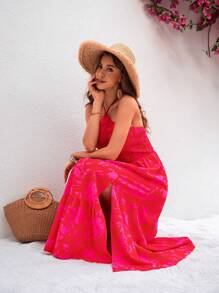 SHEIN VCAY Summer Vacation Women's Halterneck Long Dress For Valentine's Day, Color: Pink - Red - View 6
