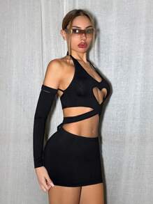 SHEIN ICON 女款心型鏤空短上衣與裙子套裝 - 黑色 - 查看 7