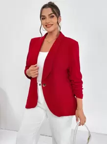SHEIN Essnce 秋冬款大码女士披肩领单纽扣西装外套 - 紅色 - 查看 6