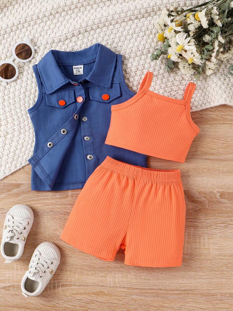 Baby Girls' Ribbed Tank Top And Shorts With Sleeveless Jacket Set