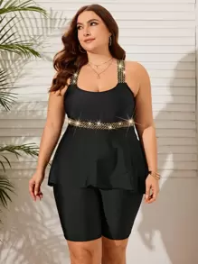 Swim Lushoire 大尺碼彩色拼接面板寬肩比基尼套裝,附有背心和短褲