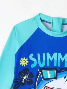 Young Boy Cute Letter & Shark Print One-Piece Swimsuit With Swimming Cap - Multicolor - View 5