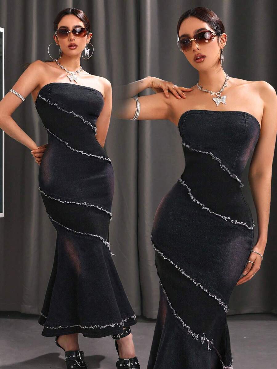 SHEIN ICON Women's Water Wash Fish Tail Off Shoulder Denim Dress With Frayed Detail - Blue - View 1