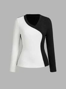 SHEIN Privé 女士不对称领提花撞色拼接长袖T恤 - 黑與白 - 查看 2