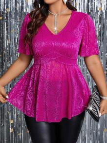 SHEIN Allurite Plus Size V-Neck Top With Ruffle Trim Hemline