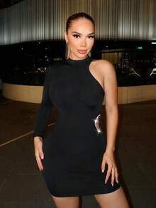 SHEIN SXY 女性純色空心加熱裝飾修身連身裙 - 黑色 - 查看 4