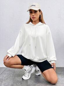 SHEIN EZwear Butterfly & Flower Print Loose Hoodie - White - View 3