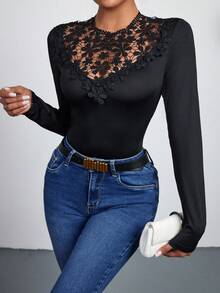 SHEIN Essnce Quý cô Ren Vá lại Tay áo dài Áo thun - màu đen - Xem 5