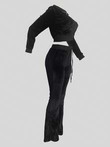 2 件套女士休闲天鹅绒短款夹克连帽衫和喇叭裤套装，性感纯色秋冬季装