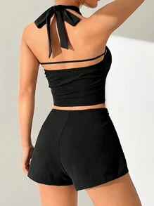 SHEIN EZwear 露背頸掛襯衫和短褲套裝 - 黑色 - 查看 2
