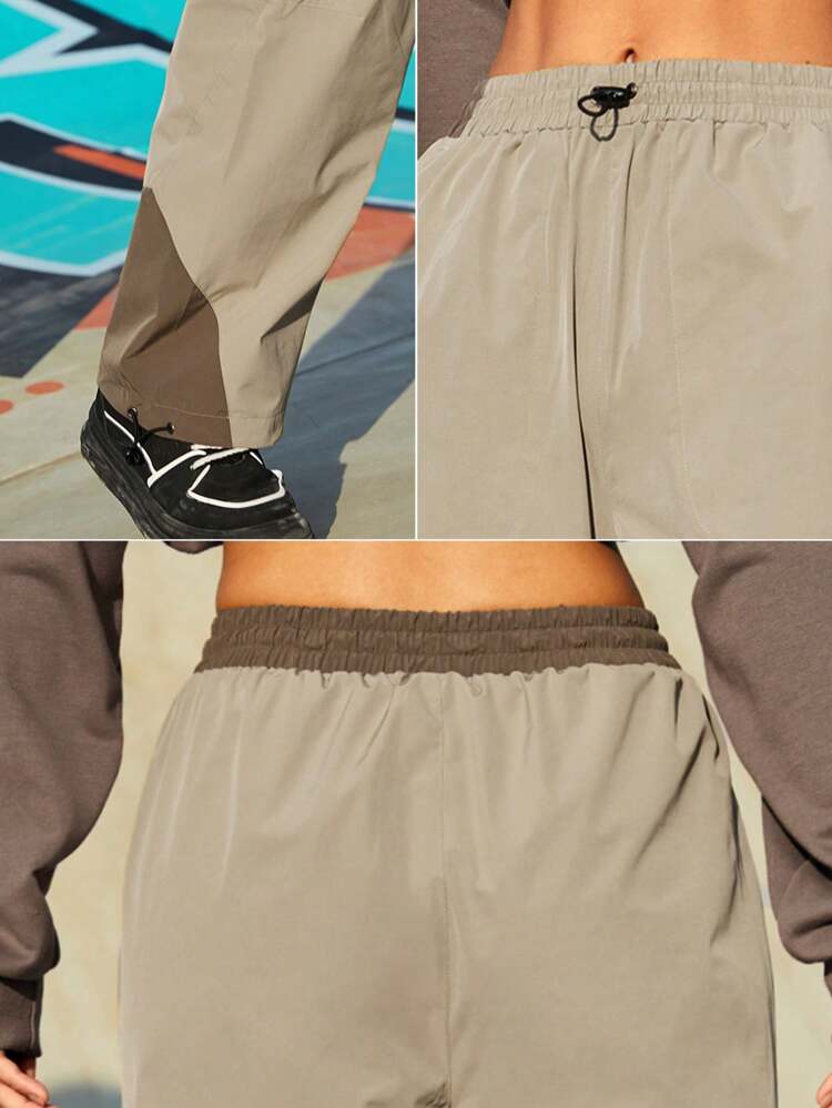 Women's Drawstring Waist Color Block Wide Leg Pants For Outdoor Activities