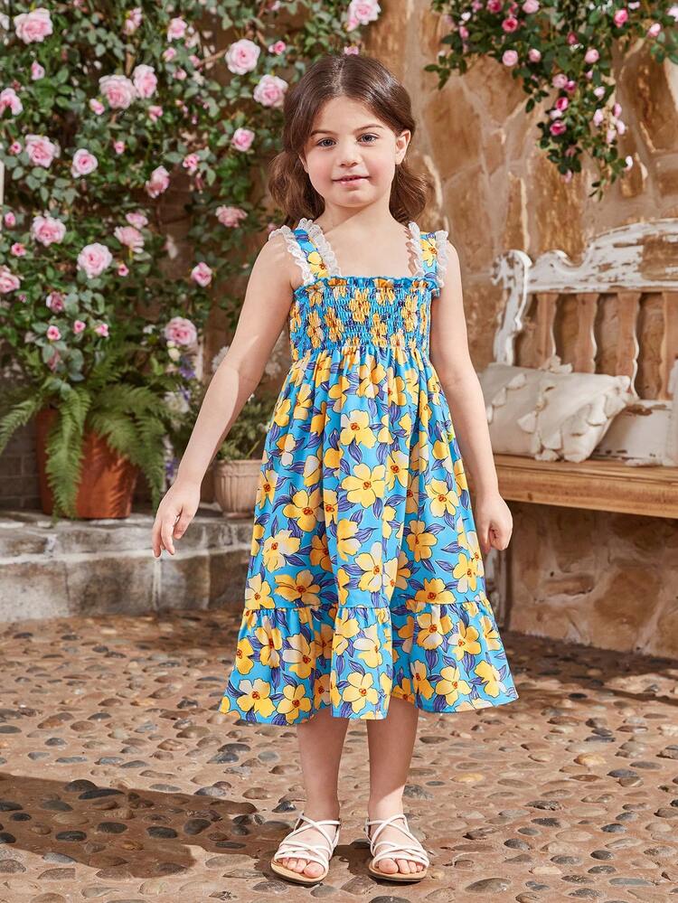 Young Girl Ruffled Flower Printed Dress With Hem & Spaghetti Straps & Lace Trim Mommy And Me Matching Outfits (3 Pieces Sold Separately)