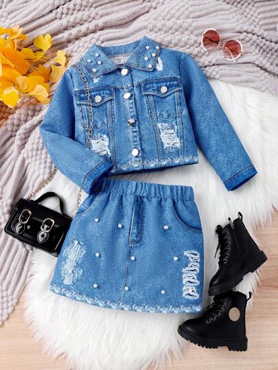 SHEIN Young Girl Casual Retro Street Style Double Denim Effect Two Piece Set For Spring & Autumn