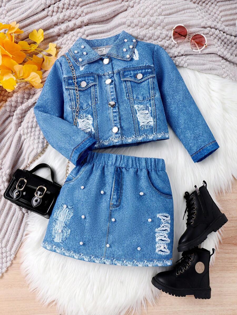 SHEIN Cô gái trẻ giản dị Phong cách đường phố cổ điển Bộ đôi denim hiệu ứng hai mảnh cho mùa xuân thu - Màu xanh lam - Xem 1