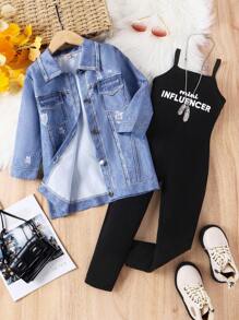 SHEIN Young Girl Spring/Fall Everyday Denim Effect Jacket And Casual Simple Sleeveless Jumpsuit Set - Black - View 1
