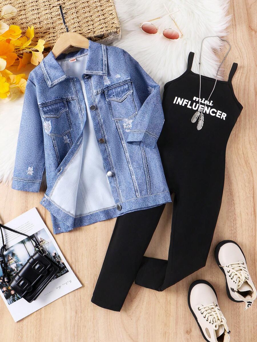 SHEIN Young Girl Spring/Fall Everyday Denim Effect Jacket And Casual Simple Sleeveless Jumpsuit Set - Black - View 1