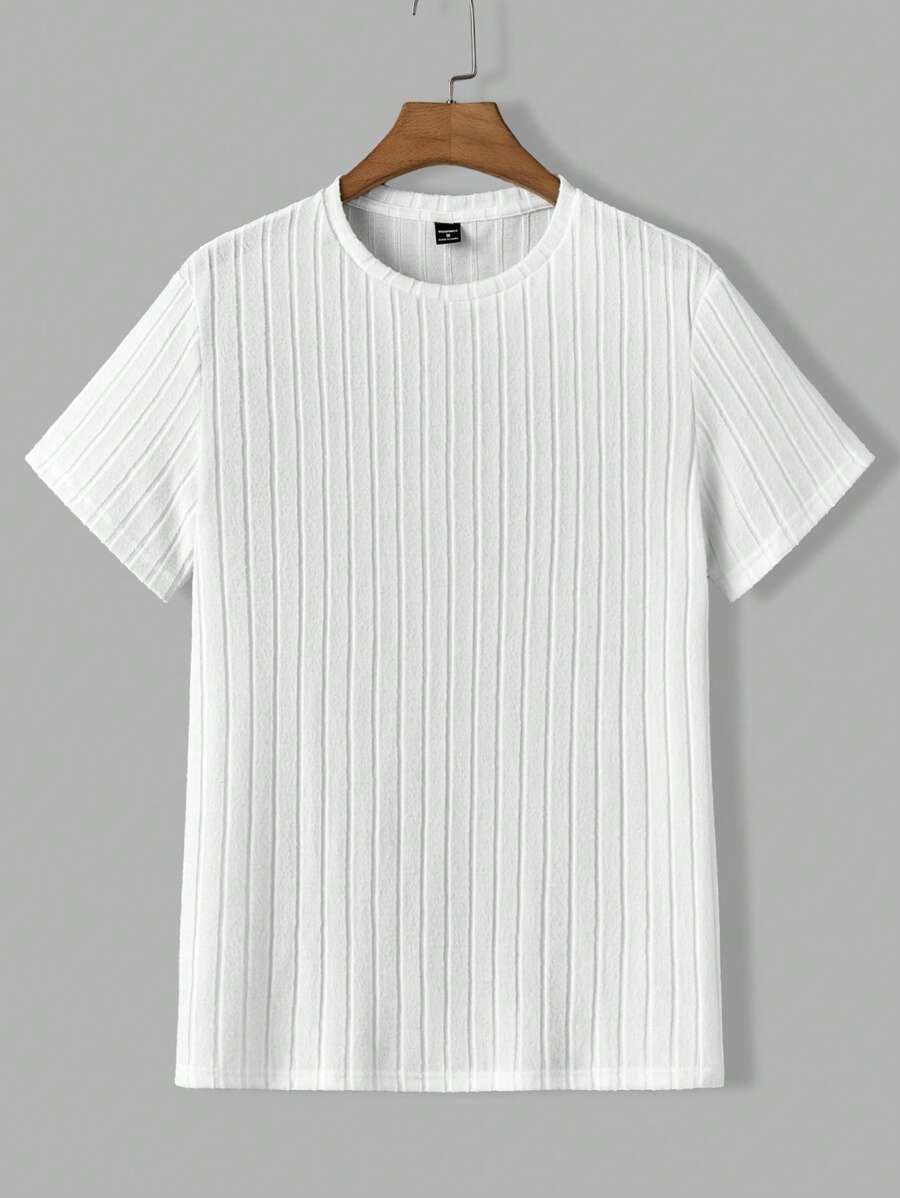 Manfinity VCAY 男士纯色圆领针织短袖T恤，夏季 - 白色 - 查看 1