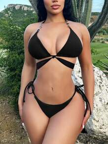 Swim SXY Women's Halter Neck Cut Out Bikini Set With Strap Music Festival Summer Beach - Black - View 3