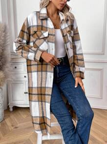 SHEIN LUNE Women's Plaid Mid-Length Shirt Style Jacket - Khaki - View 3