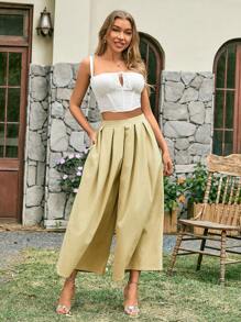 Zolique 女式高腰寬腿褲,斜口袋設計 - 黃色 - 查看 4