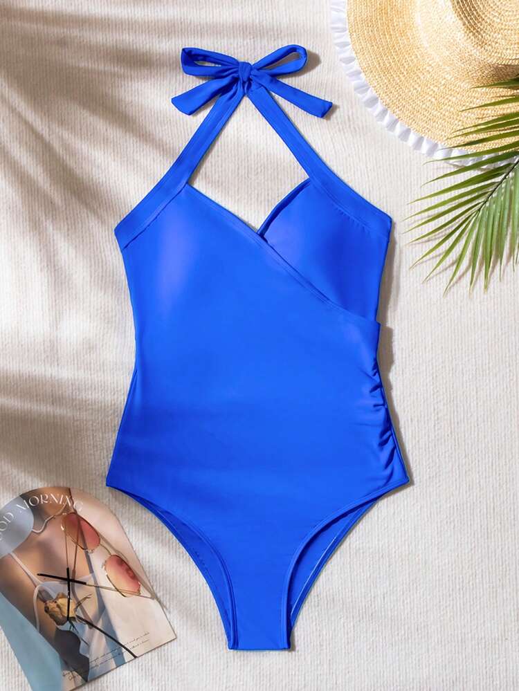 Ladies' Solid Color Wrap Around Halter Neck One Piece Swimsuit Carnival Summer
