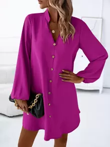 EMERY ROSE Round Neck Lantern Sleeve Shirt Dress With Notched Collar Fall Cloth For Women - Violet Purple - View 6