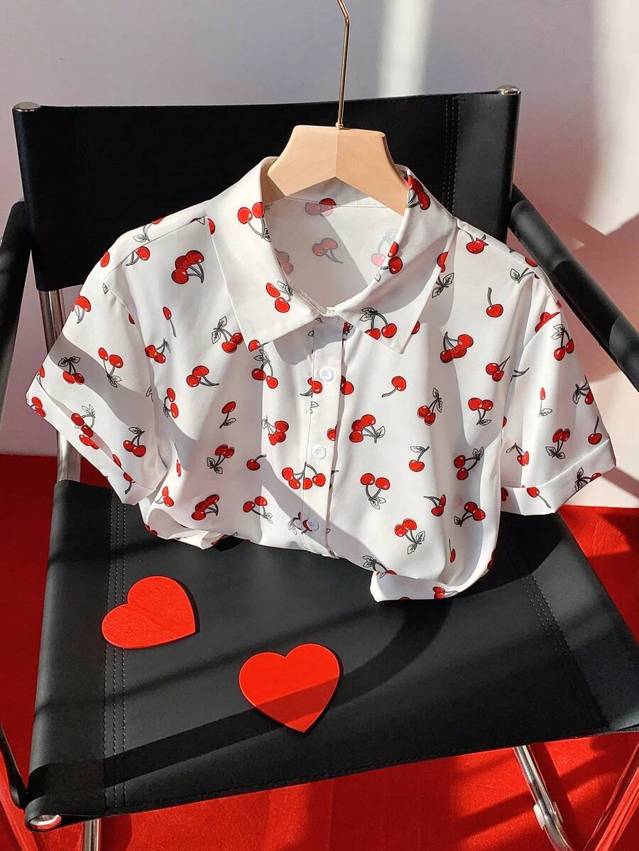 SHEIN Comfortcana Women'S Short Cherry Printed Crop Blouse,Short Sleeve Tops - White - View 1