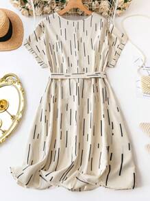 SHEIN Clasi Plus Size Striped And Printed Notch Neck Belted Dress - Apricot - View 2