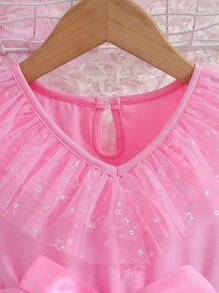 新款女孩無袖v領蕾絲公主裙,束腰帶設計 - 粉色 - 查看 7