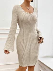 SHEIN Unity Deep V-Neck Bell Sleeve Dress - Apricot - View 3