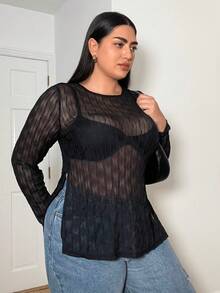 SHEIN Essnce Của phụ nữ Kích thước lớn Bán tuyệt đối Lưới Kết cấu Chất vải Vòng cổ Đen Áo Đối với Ngày đêm Và Buổi tiệc - màu đen - Xem 4