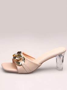 Apricot-Colored, New Arrival Summer/Autumn, Metal Buckle, Simple Style, Crystal Heels, Square Toe, High Heels, Open Toe, Versatile Sandals - Apricot - View 6