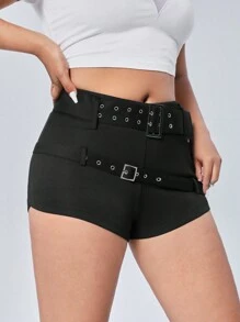 SHEIN ICON 大尺碼修身腰帶細節超短短褲 - 黑色 - 查看 5