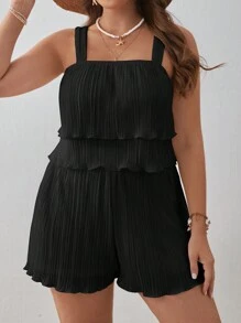 SHEIN VCAY Plus Size Women's Frill Trim Spaghetti Strap Tank Top And Shorts Set - Black - View 1
