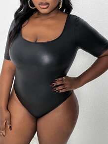 Slaydiva Plus Size Women's Short Sleeve Faux Leather Bodysuit - Black - View 1