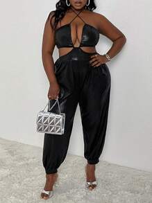 Slaydiva Slayr Plus Music Festival & Party Elegant Sexy Style Solid Color Sleeveless Criss-Cross Halter Backless Belted Jumpsuit, PU Coated Fabric, Plus Size - Black - View 1