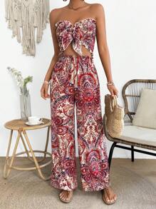 Breezaya Women's Elegant Paisley Print Front Tie Bandeau Top And Pants Set