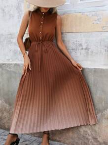 SHEIN Clasi Biến đổi dần Xếp li Không tay Váy sơ mi Không có Eo Thắt lưng - màu nâu - Xem 4