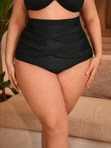 SHEIN Swim Curve Summer Beach Plus Size Women's High Waist Swim Briefs With Criss-Cross Design - Black - View 3