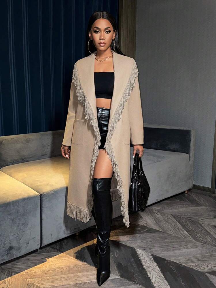 Women's Fringe Trim Cape Shawl Collar Woolen Jacket Fall Cloth For Women