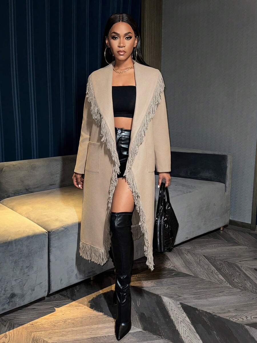 Zolique 女式流蘇飾斗篷披肩領羊毛夾克