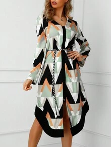 休闲拼色几何印花衬衫裙，春秋 - 彩色 - 查看 5