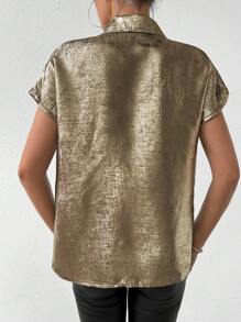 SHEIN Privé Women's Glossy Batwing Sleeve Shirt - Gold - View 2