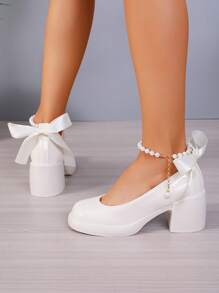 European Style Women's Mary Jane High Heel Shoes 2024 New White Wedding Shoes French Thick Bottom Loafers Chunky Heel Pumps, Pumps