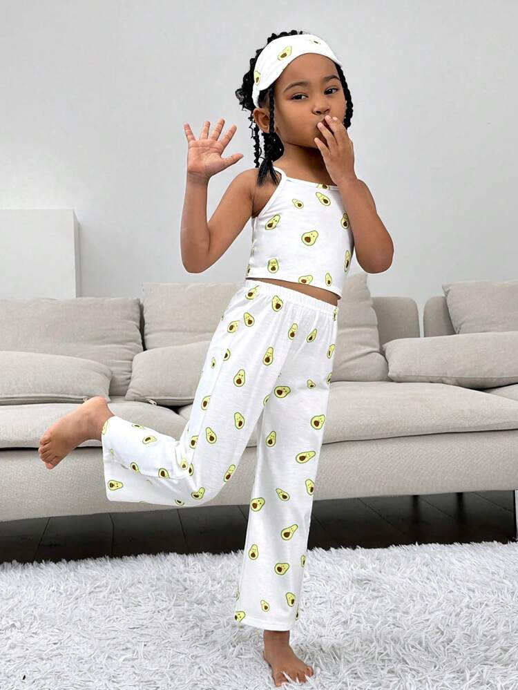 Young Girls' Knitted Cami Top And Long Pants Pajama Set With Eye Mask For Daily Wear, Leisure In Spring And Summer