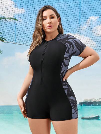 Swim Lushoire Summer Beach Plus Size Women's Short Sleeve One Piece Swimsuit With Botanical Print Patchwork