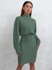 SHEIN Unity Của phụ nữ Màu thuần Đồ đan Ribbed Hai chiếc Bộ - màu xanh lá - Xem 3