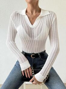 Chiquease Women's Hollow Out Knitted Sweater With Turn-Down Collar  Fall Winter Outfit - White - View 1
